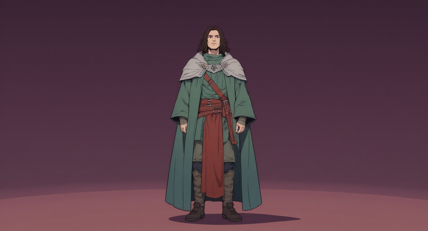 Askeladd from Vinland Saga, anime-style illustration on a minimal dusty plum backdrop