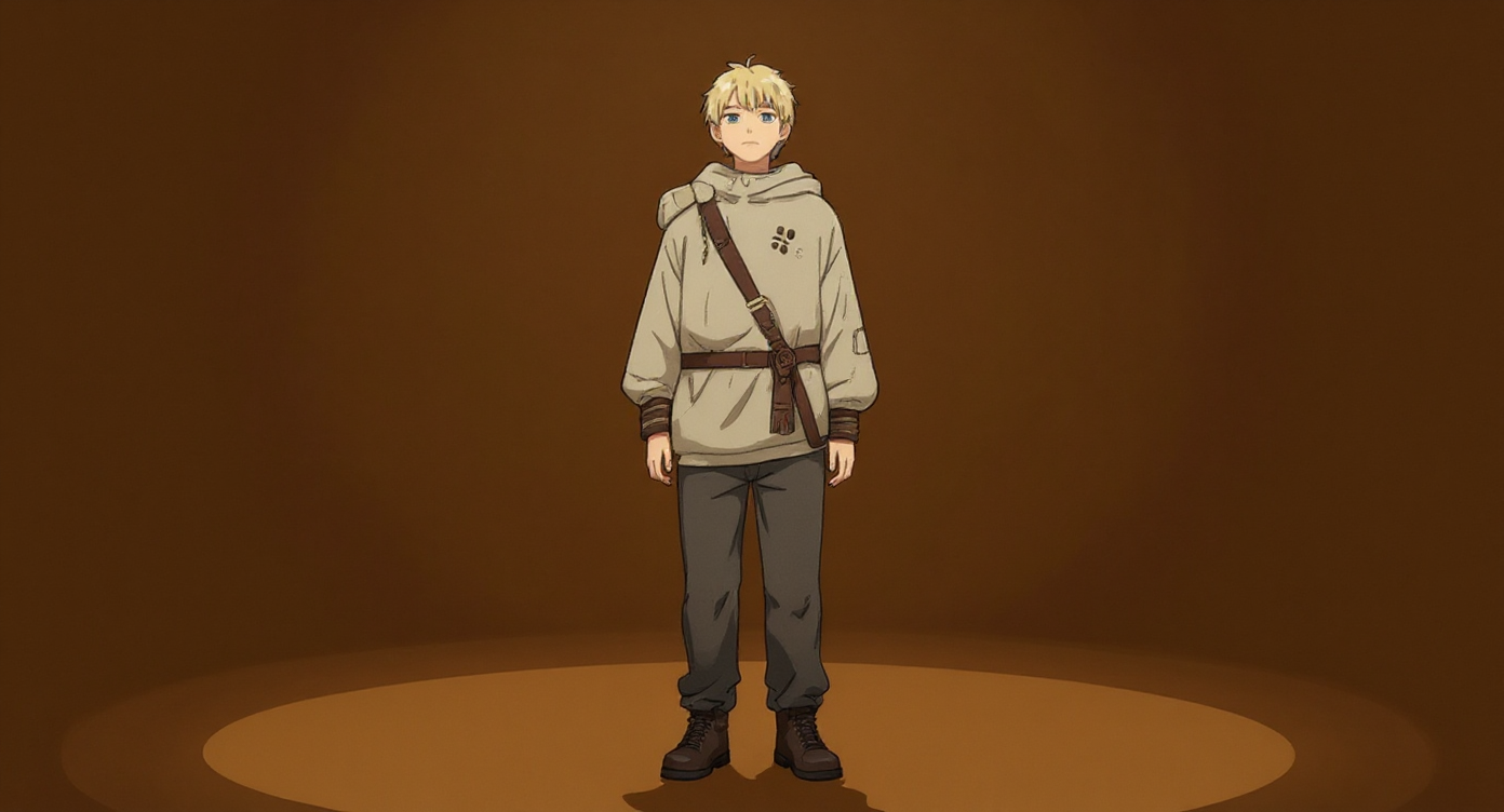 Thorfinn from Vinland Saga, anime-style illustration on a minimal burnt amber backdrop